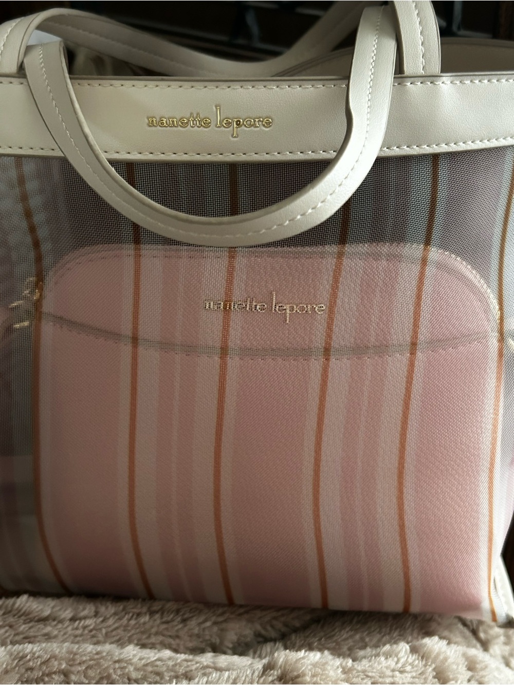 Nanette Lepore White Mesh Tote with Pink Striped Pouch - Picture 2 of 2